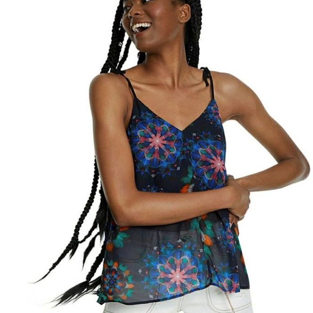 Desigual dark blue floral, tie, shoulder blouse, size medium